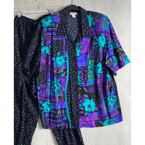 VTG 90s L.Lawrence 100% Rayon 2 Piece Set Suit Wide Leg Pants Blouse 2X Multi - Picture 6 of 12
